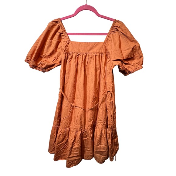 MNG Orange Cotton Square Neck Puff Sleeve Tiered Mini‎ Dress Size 4 - Picture 2 of 12